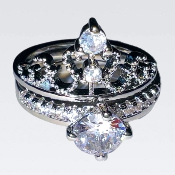 💍 Luxury 925 Sterling Silver Princess Rings Set  2 in 1 - Picture 1 of 12
